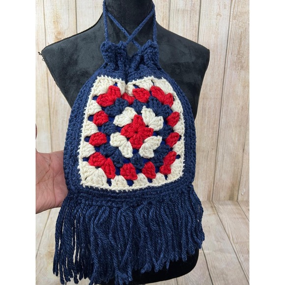 Vtg Handmade Crochet Purse Granny Square Drawstring Fringe Red White Blue Boho - Picture 2 of 8